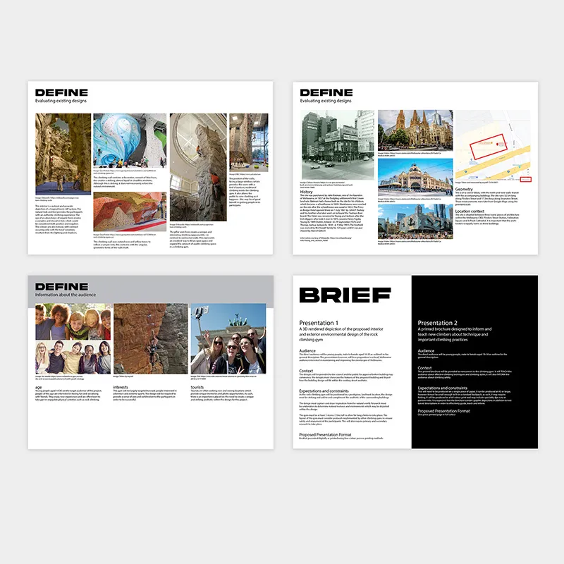 Define folio pages analysing climbing facilities, the audience, the Melbourne site and the resulting environmental design brief.