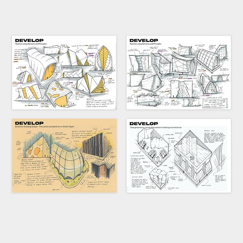 Develop folio pages showing annotated environmental design sketches in elevation, perspective and planometric drawing systems.